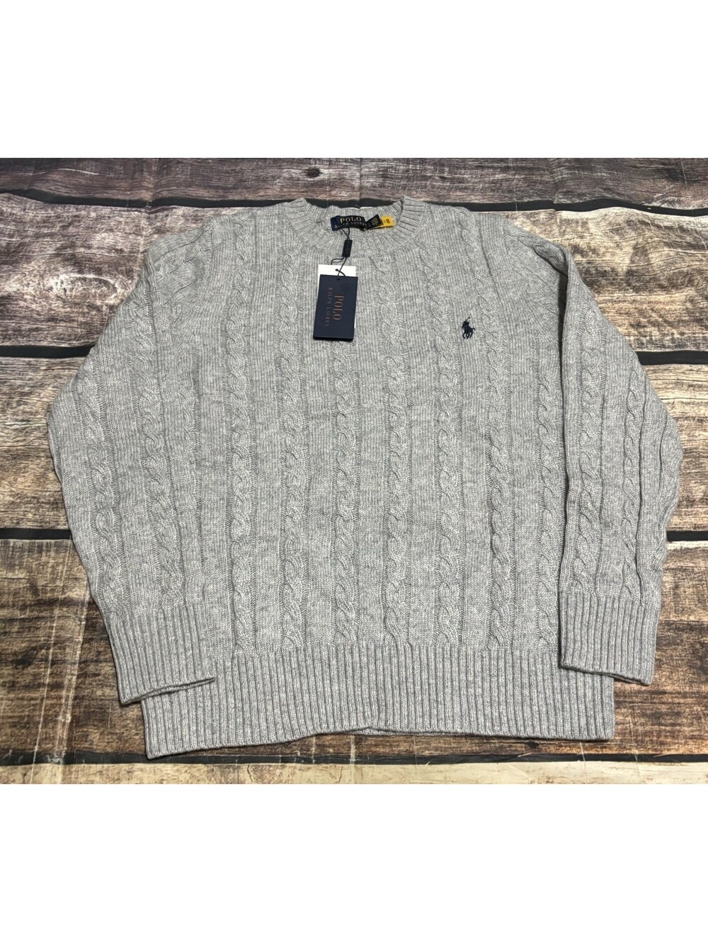 Polo Ralph Lauren Sweater Mens Large Wool Blend Cable Knit Slim Fit Gray